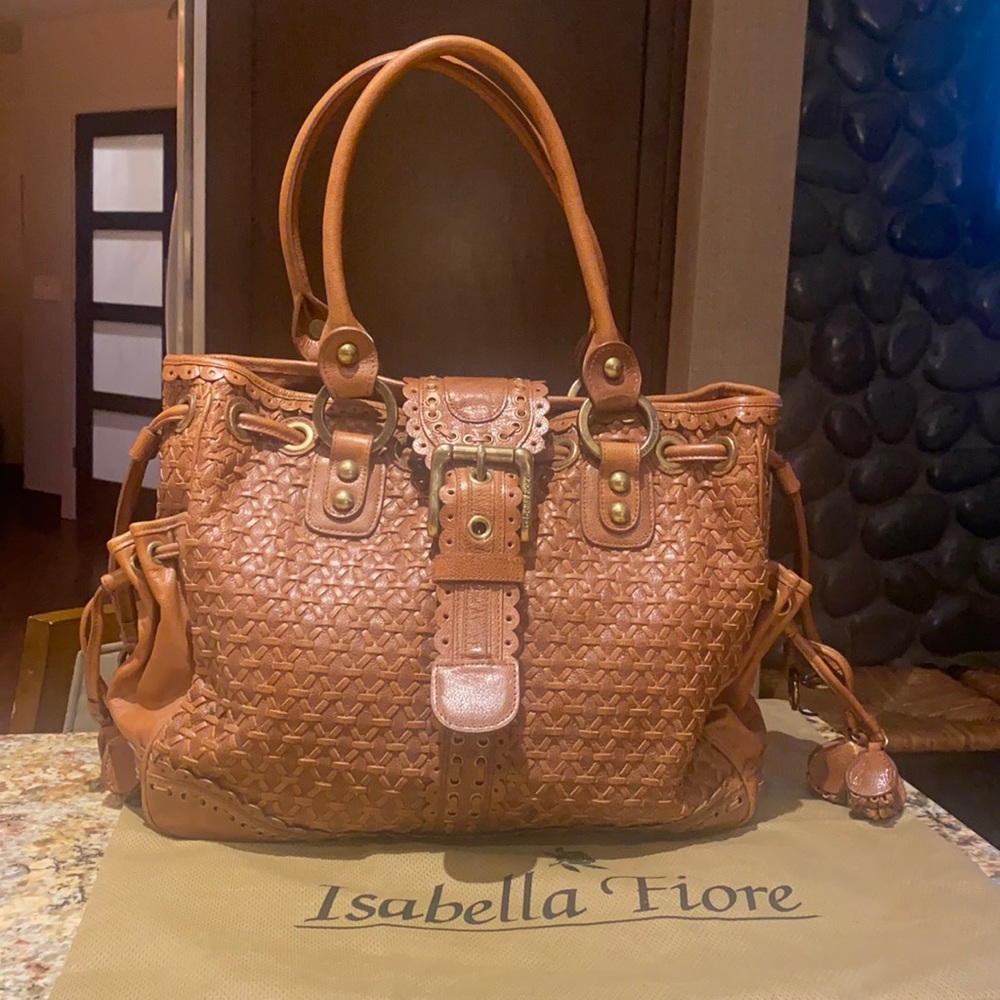 Isabella Fiore Tan Woven Leather Buckle Tote